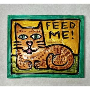 Signed Lynn Reeder Hand Carved and Painted "Feed Me" Copper Kitty Artwork
